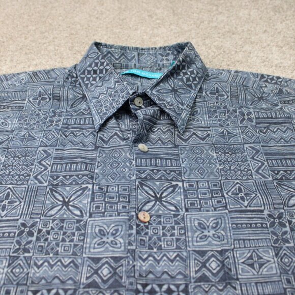 Tori Richard Shirt Men Large Blue Geometric 100% Cotton Lawn Short Sleeve Button - Picture 4 of 13